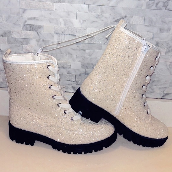 🆕 Portland Boot Co. Rare White Glitter Girls 5/Womens 7 Side-Zip Combat Boots - Picture 3 of 14